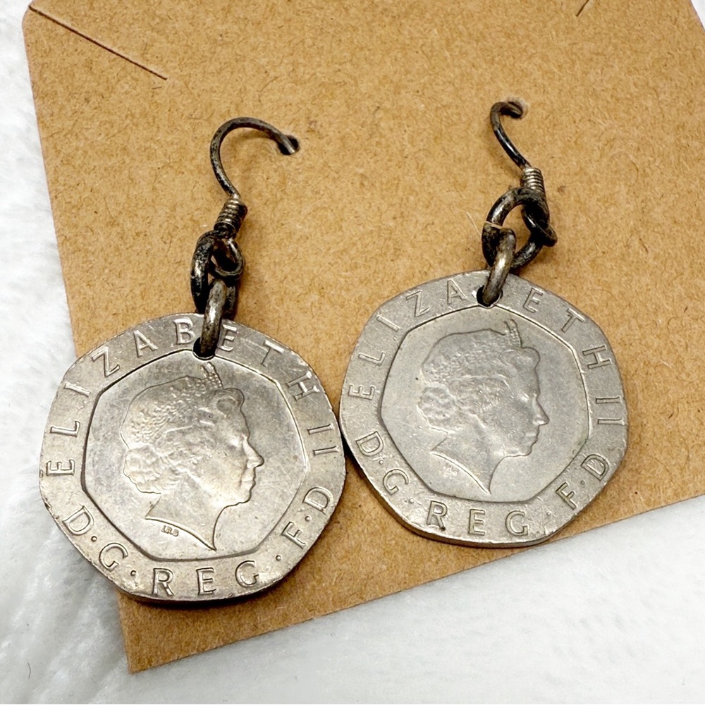 Vintage British Coin Earrings Queen Elizabeth II 20 Pence Dangle Upcycled Silver